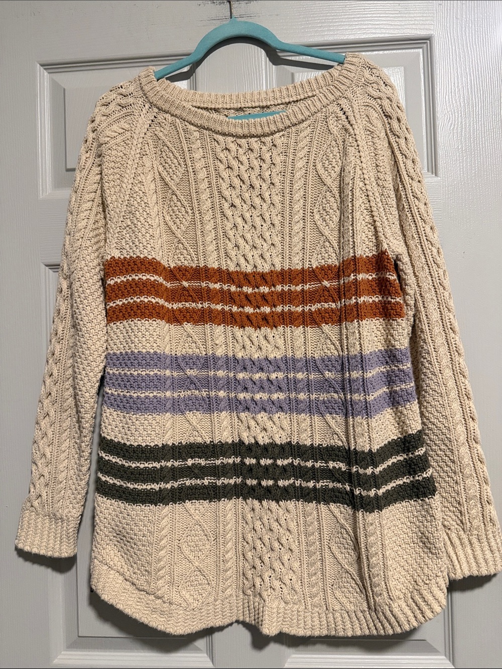 L.L. Bean Cream Cable-Knit Sweater with Rust, Lavender & Olive Stripes